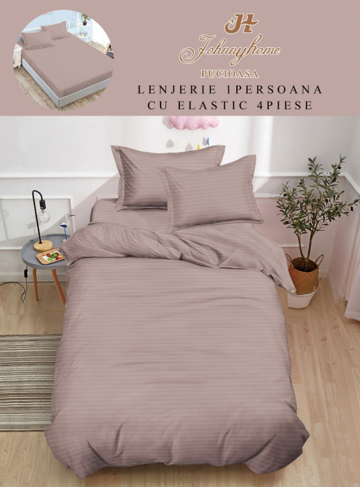 Lenjerie De Pat Din Damasc Finetat Cu Elastic 1 Persoana - Bej Pudrat [1]