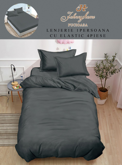 Lenjerie De Pat Din Damasc Finetat Cu Elastic 1 Persoana - Gri Cenusiu [1]