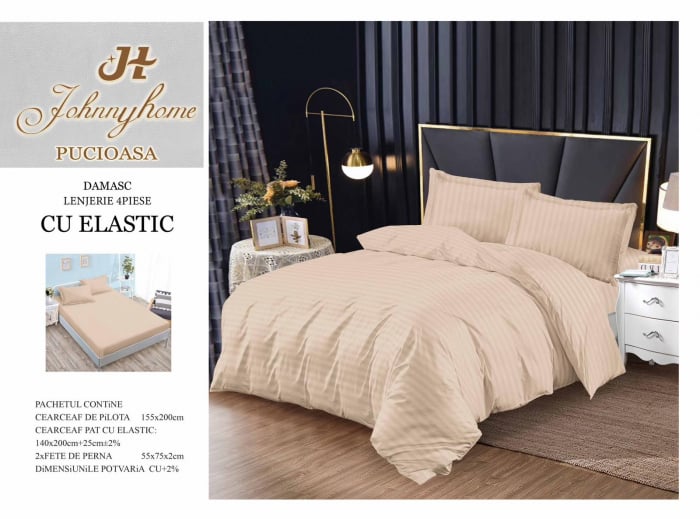 Lenjerie De Pat Din Damasc Finetat Cu Elastic 1 Persoana - Bej [1]
