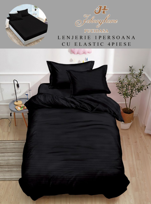 Lenjerie De Pat Din Damasc Finetat Cu Elastic 1 Persoana - Negru [1]