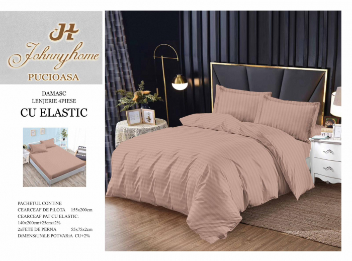 Lenjerie De Pat Din Damasc Finetat Cu Elastic 1 Persoana - Cappucino [1]