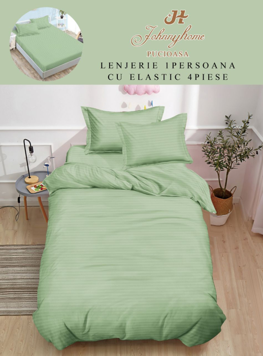 Lenjerie De Pat Din Damasc Finetat Cu Elastic 1 Persoana - Verde Fistic [1]
