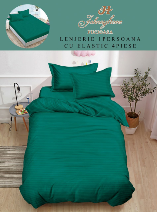 Lenjerie De Pat Din Damasc Finetat Cu Elastic 1 Persoana - Verde Regal [1]