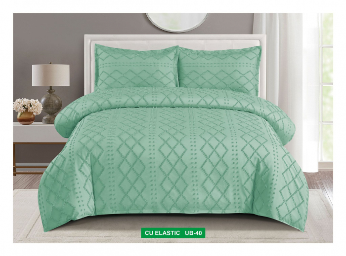 Lenjerie De Pat Din Finet Cu Elastic Imprimeu Gofrat - Verde Jad Zig-Zag [1]