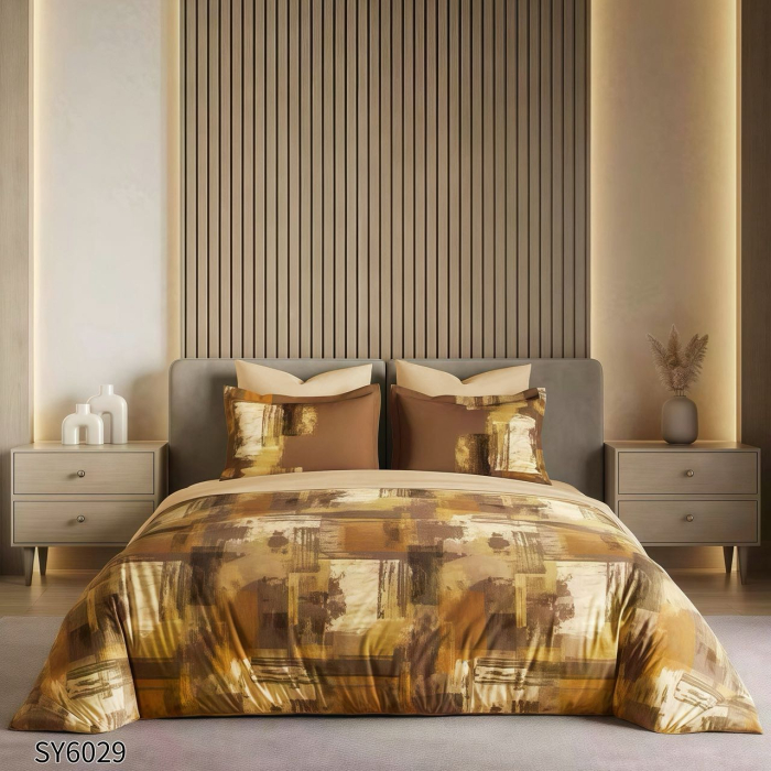 Lenjerie De Pat Din Finet Imprimat Digital Cu Elastic - Auriu In Acuarela [1]