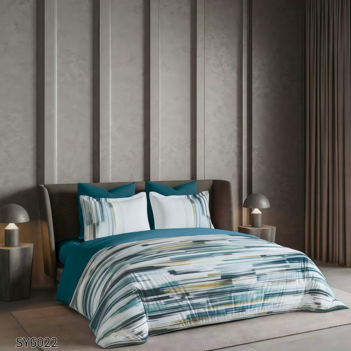 Lenjerie De Pat Din Finet Imprimat Digital Cu Elastic - Dungi Turcoaz [1]