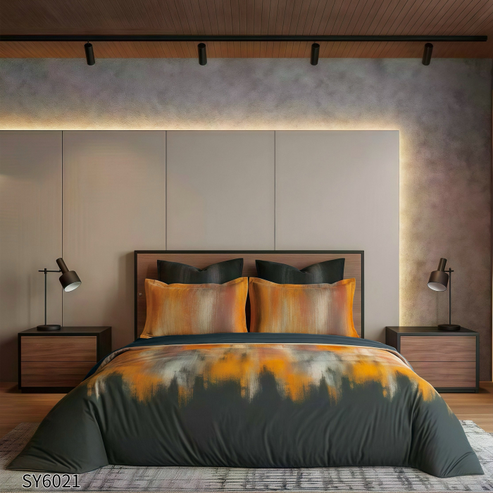 Lenjerie De Pat Din Finet Imprimat Digital Cu Elastic - Negru Si Caramiziu [1]