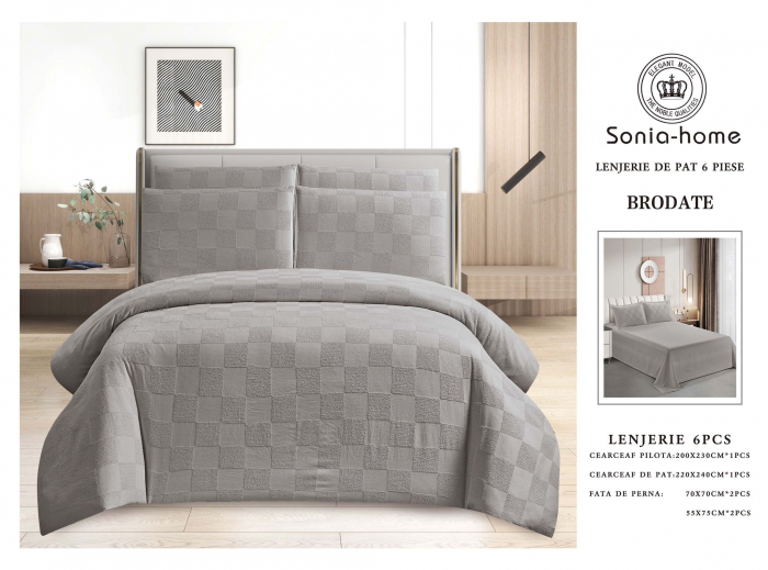 Lenjerie De Pat Din Finet Superior Cu Imprimeu Brodat In Relief - Gri Cu Carouri [1]
