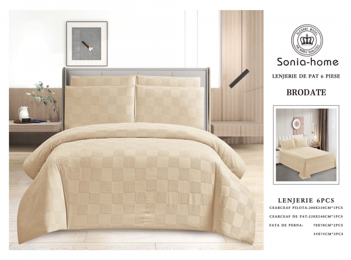 Lenjerie De Pat Din Finet Superior Cu Imprimeu Brodat In Relief - Crem Cu Carouri [1]