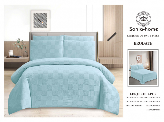 Lenjerie De Pat Din Finet Superior Cu Imprimeu Brodat In Relief - Bleu Cu Carouri [1]
