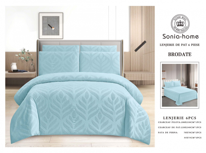Lenjerie De Pat Din Finet Superior Cu Imprimeu Brodat In Relief - Bleu Cu Frunze [1]