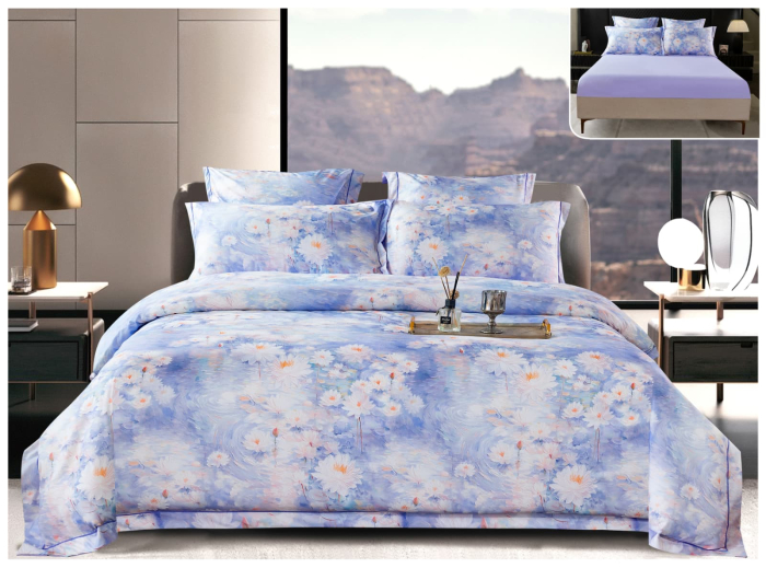 Lenjerie De Pat Din Satin Gros Cu Elastic La Cutie - Flori Albe In Azur [1]