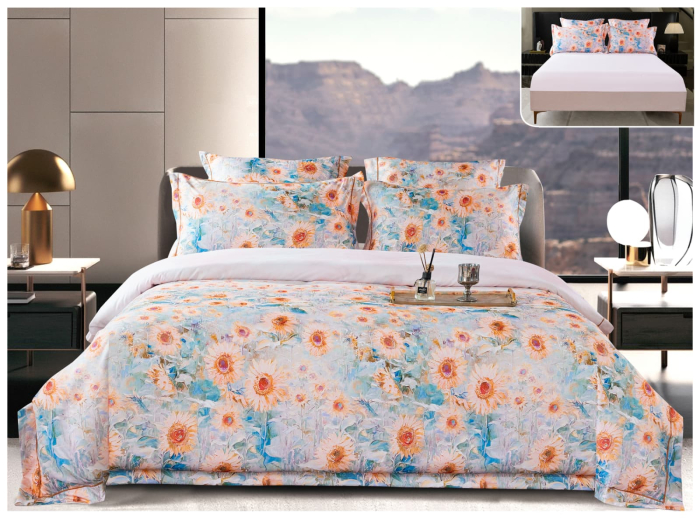 Lenjerie De Pat Din Satin Gros Cu Elastic La Cutie - Flori Pictate [1]