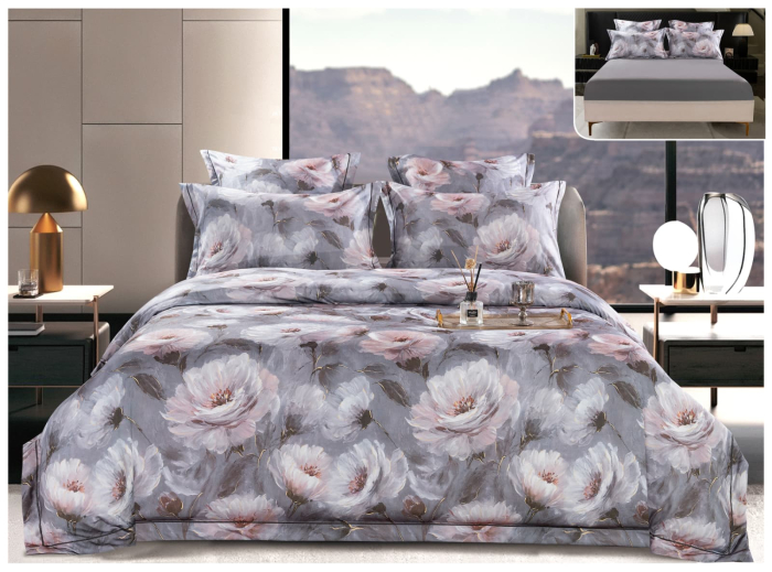 Lenjerie De Pat Din Satin Gros Cu Elastic La Cutie - Gri Cu Flori Pictate [1]