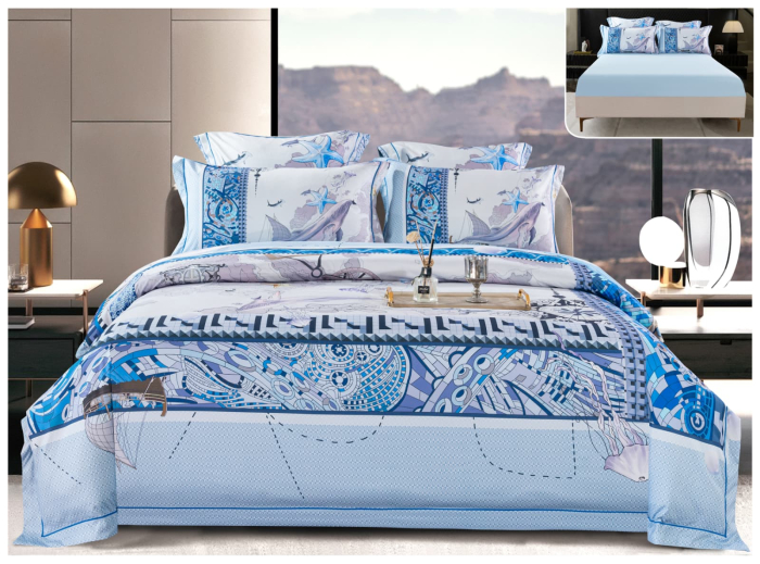 Lenjerie De Pat Din Satin Gros Cu Elastic La Cutie - Ocean Albastru Cu Balene [1]