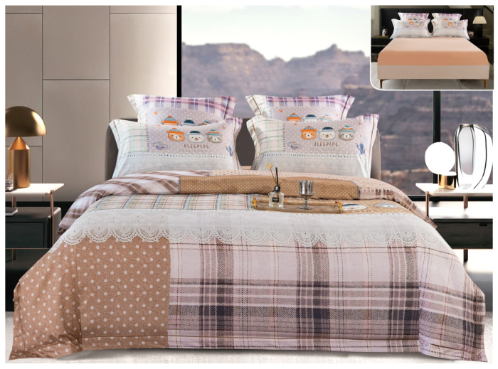 Lenjerie De Pat Din Satin Gros Cu Elastic La Cutie - Roz Somon Cu Ursuleti [1]