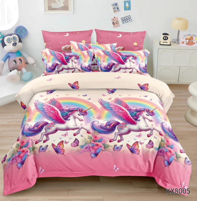 Lenjerie De Pat Finet 1 Persoana Imprimeu Animat - Unicorn Si Fluturasi Colorati [1]