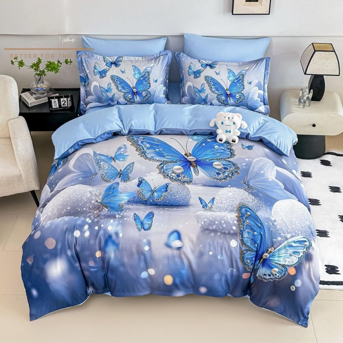 Lenjerie De Pat Finet 4 Piese Cu Elastic 5D 1 Persoana - Albastru Cu Fluturasi [1]