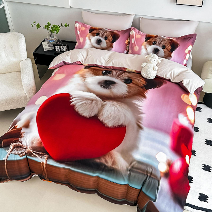 Lenjerie De Pat Finet 4 Piese Cu Elastic 5D 1 Persoana - Catelusul Pe Inimioara [3]