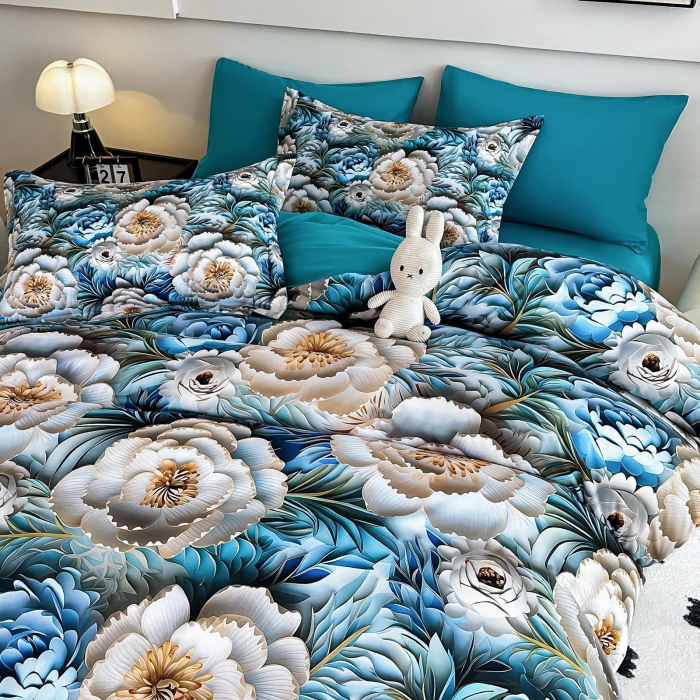 Lenjerie De Pat Finet 4 Piese Cu Elastic 5D 1 Persoana - Flori De Azur [4]