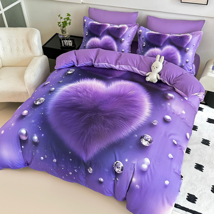 Lenjerie De Pat Finet 4 Piese Cu Elastic 5D 1 Persoana - Inima De Catifea Mov [3]