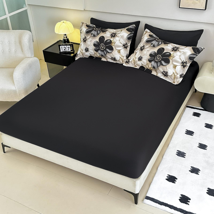 Lenjerie De Pat Finet 4 Piese Cu Elastic 5D 1 Persoana - Negru Cu Flori [2]