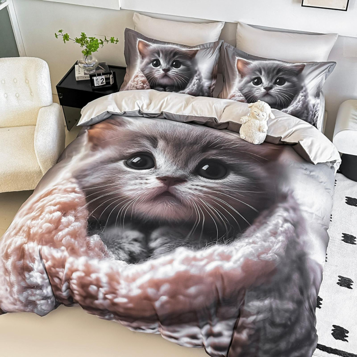 Lenjerie De Pat Finet 4 Piese Cu Elastic 5D 1 Persoana - Pisicuta Invelita [1]