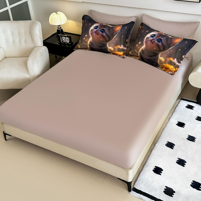 Lenjerie De Pat Finet 4 Piese Cu Elastic 5D 1 Persoana - Pisicuta Printre Flori [2]