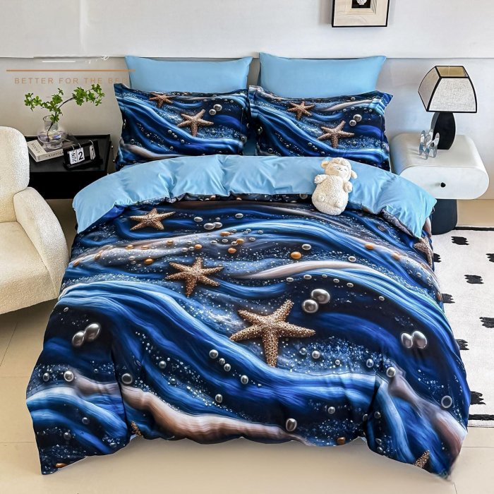 Lenjerie De Pat Finet 4 Piese Cu Elastic 5D 1 Persoana - Stelute De Mare [1]