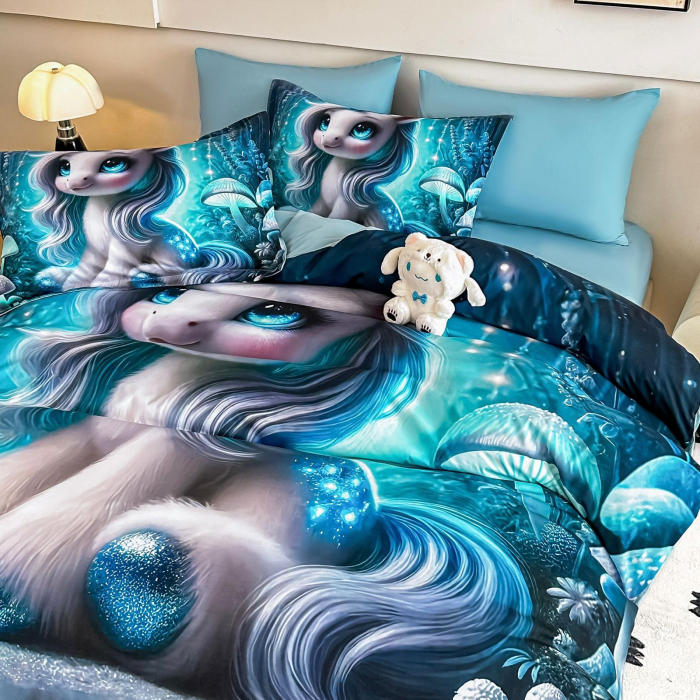 Lenjerie De Pat Finet 4 Piese Cu Elastic 5D 1 Persoana - Unicornul Zambaret [2]