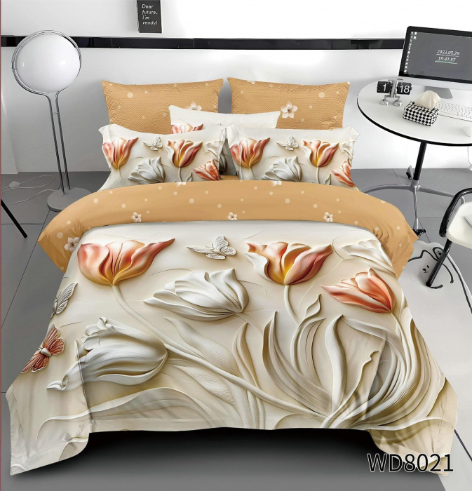 Lenjerie De Pat Finet 4 Piese Cu Elastic 5D In Relief - Lalele Crem [1]