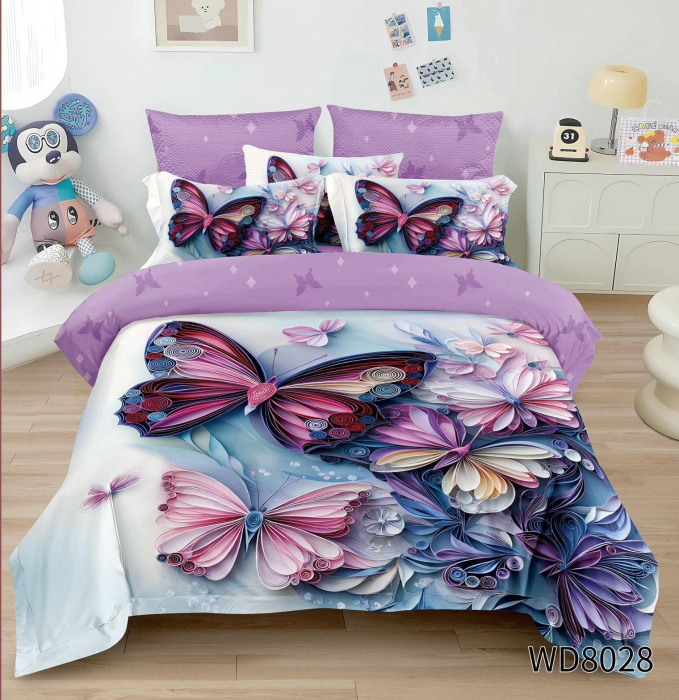 Lenjerie De Pat Finet 4 Piese Cu Elastic 5D In Relief - Lila Cu Fluturi Desenati [1]