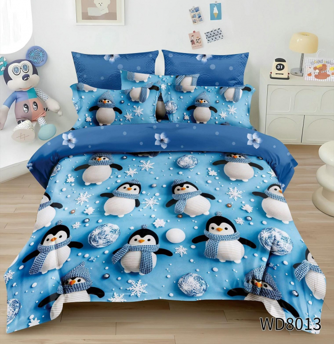 Lenjerie De Pat Finet 4 Piese Cu Elastic 5D In Relief - Pinguinii In Zapada [1]