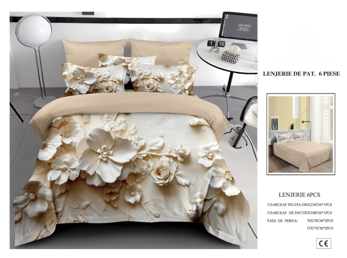 Lenjerie De Pat Finet 6 Piese 5D - Bej Cu Flori Stilizate [1]