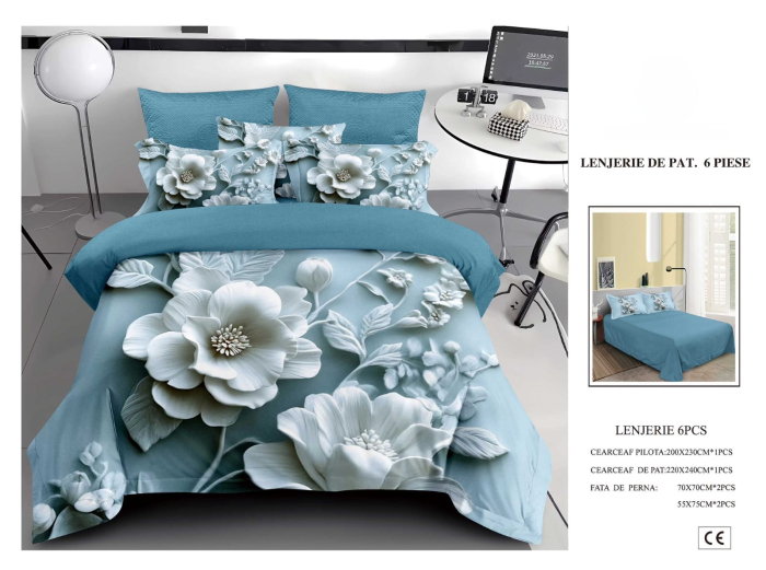 Lenjerie De Pat Finet 6 Piese 5D - Bleu Cu Flori De Gheata [1]