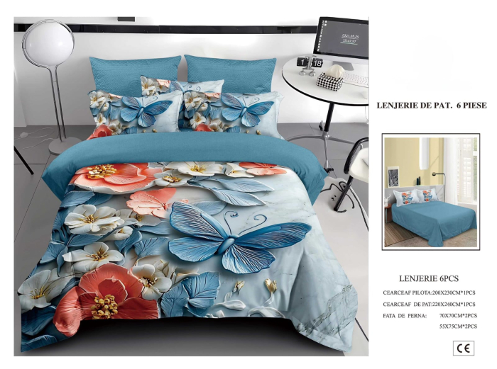 Lenjerie De Pat Finet 6 Piese 5D - Bleu Cu Flori Si Fluturi [1]
