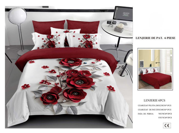 Lenjerie De Pat Finet 6 Piese 5D - Bordo Cu Flori De Hartie [1]