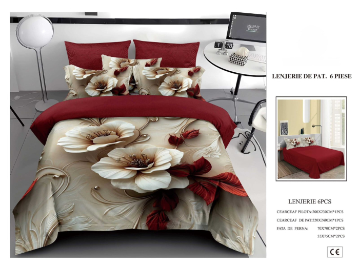 Lenjerie De Pat Finet 6 Piese 5D - Bordo Cu Flori De Portelan [1]