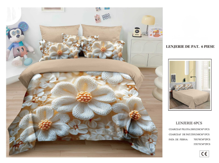 Lenjerie De Pat Finet 6 Piese 5D - Flori Crem Crosetate [1]