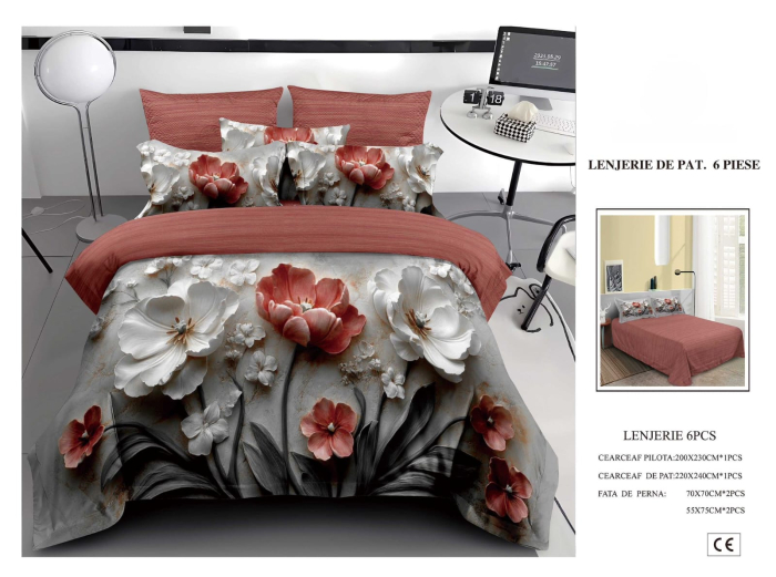 Lenjerie De Pat Finet 6 Piese 5D - Flori În Relief [1]