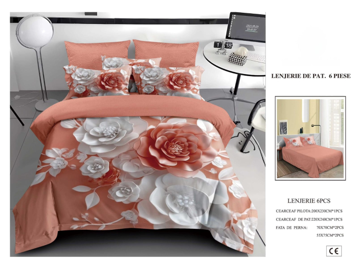 Lenjerie De Pat Finet 6 Piese 5D - Flori Roz Somon Si Albe [1]