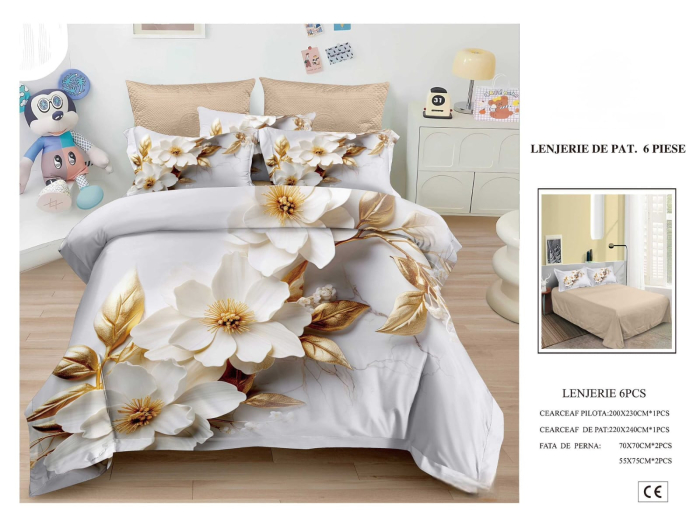 Lenjerie De Pat Finet 6 Piese 5D - Flori Si Frunze Aurii [1]