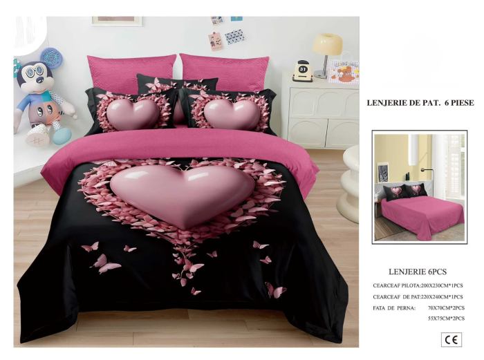 Lenjerie De Pat Finet 6 Piese 5D - Inima Roz Si Fluturi [1]
