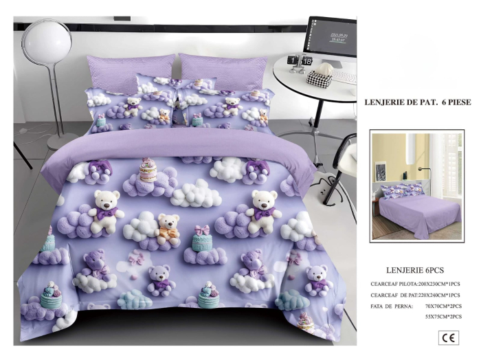 Lenjerie De Pat Finet 6 Piese 5D - Lila Cu Ursuleti Si Nori [1]