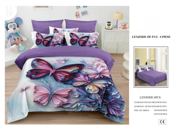 Lenjerie De Pat Finet 6 Piese 5D - Mov Cu Fluturi Din Hartie Colorata [1]