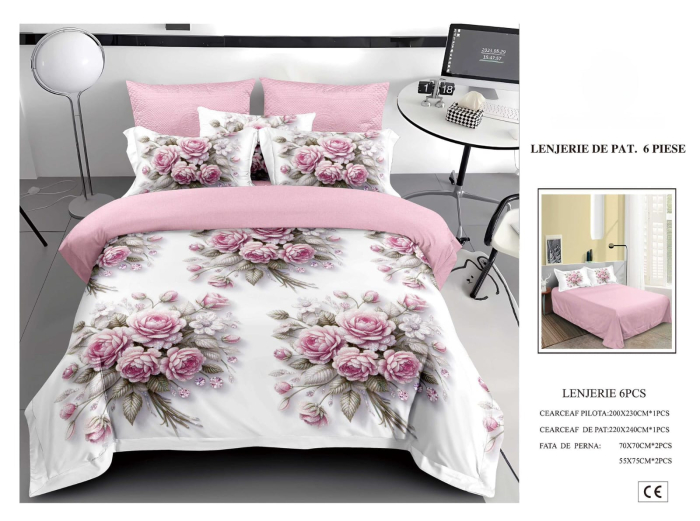Lenjerie De Pat Finet 6 Piese 5D - Roz Cu Buchete De Flori [1]