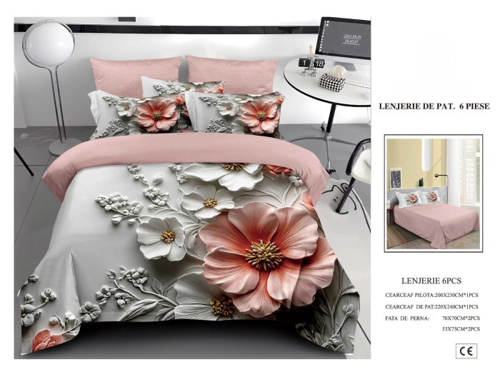 Lenjerie De Pat Finet 6 Piese 5D - Roz Cu Flori De Portelan [1]