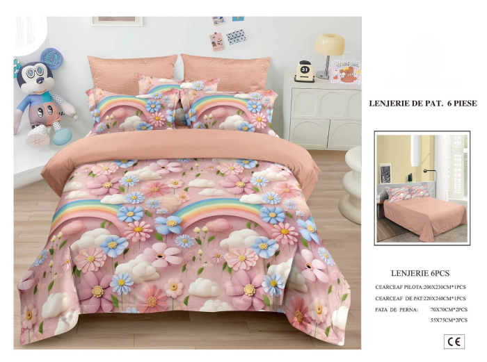 Lenjerie De Pat Finet 6 Piese 5D - Roz Cu Floricele Si Curcubee [1]