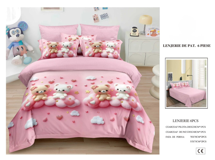 Lenjerie De Pat Finet 6 Piese 5D - Roz Cu Ursuleti Pentru Copii [1]