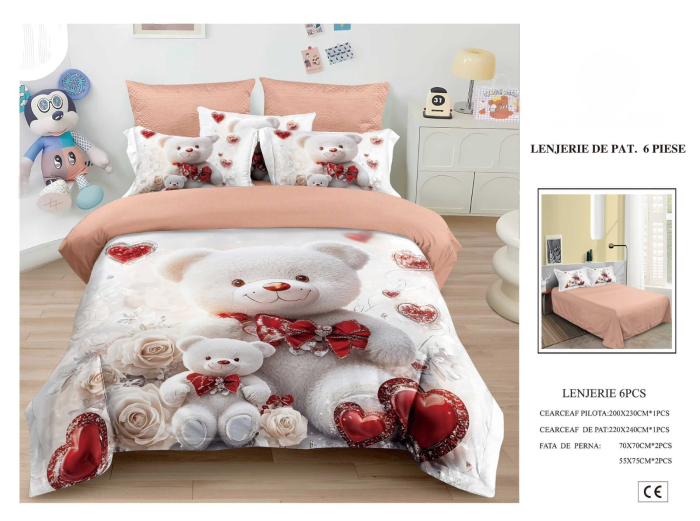 Lenjerie De Pat Finet 6 Piese 5D - Roz Cu Ursuleti Si Inimioare [1]